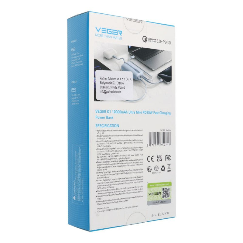 Baterie Externa Wireless Veger, 10000mAh, 35W, QC + PD, 1 x Lightning - 1 x USB-A - 1 x USB-C