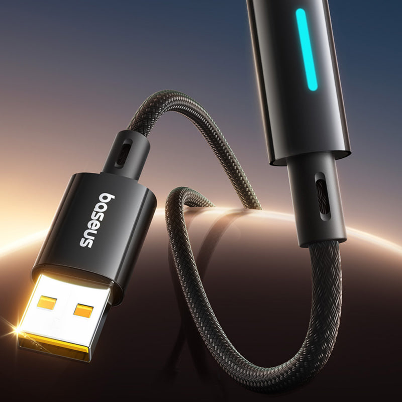 Cablu Date si Incarcare USB-A - USB-C Baseus Lit Button Control, 100W, 2m, Negru P10379002121-01