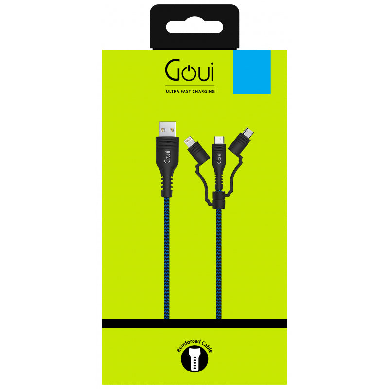 Cablu Date si Incarcare USB-A - Lightning / microUSB / USB-C Goui Tough, 18W, 1.5m, Bleumarin G-3IN1-15M