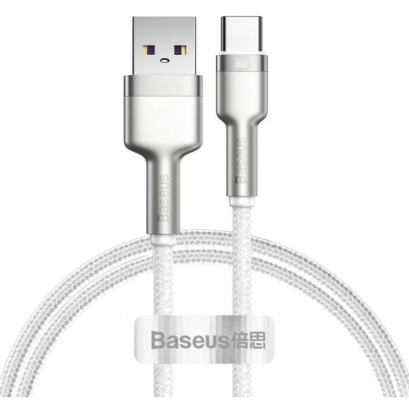 Cablu Date si Incarcare USB-A - USB-C Baseus Cafule Metal Series, 66W, 1m, Alb CAKF000102