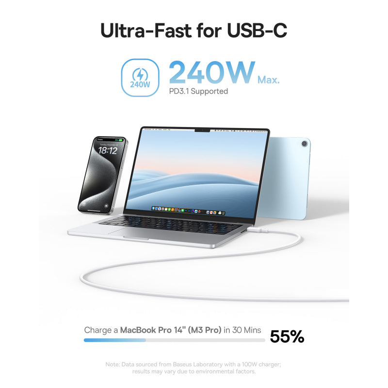Cablu Date si Incarcare USB-C - USB-C Baseus PicoGo, 240W, 1m, Alb P10376800211-00