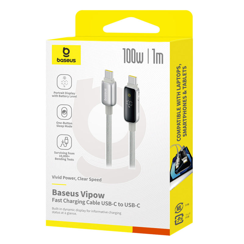 Cablu Date si Incarcare USB-C - USB-C Baseus Vipow Display, 100W, 1m, Gri P10381802851-00