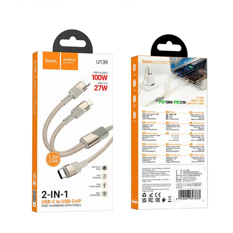 Cablu Date si Incarcare USB-C - Lightning / USB-C HOCO U139 2in1, 100W, 1.2m