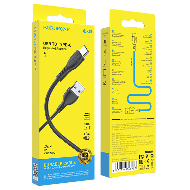 Cablu Date si Incarcare USB-A - USB-C Borofone BX51 Triumph MP, 18W, 1m