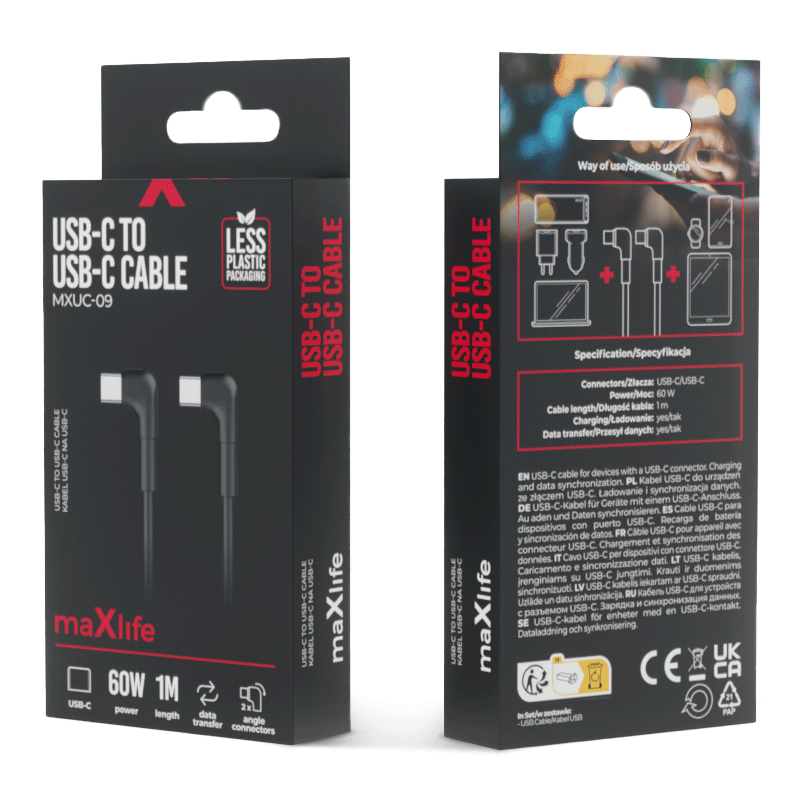 Cablu Date si Incarcare USB-C - USB-C MaXlife MXUC-09, 60W, 1m