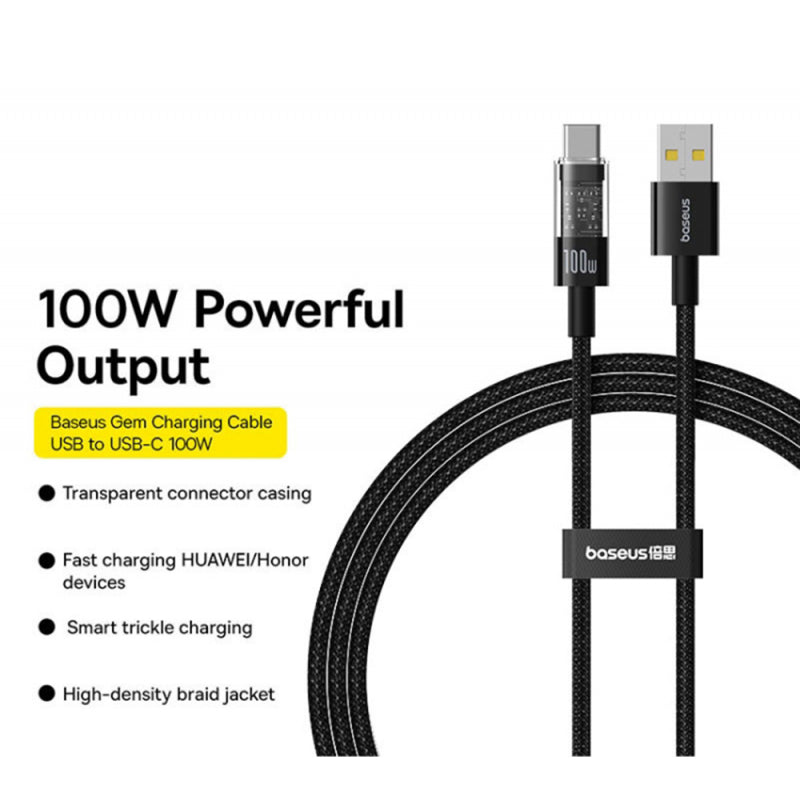 Cablu Date si Incarcare USB-A - USB-C Baseus Gem, 100W, 2m, Negru P10373002111-01