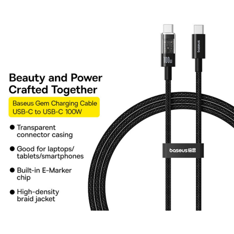 Cablu Date si Incarcare USB-C - USB-C Baseus Gem, 100W, 1m, Negru P10373000111-00