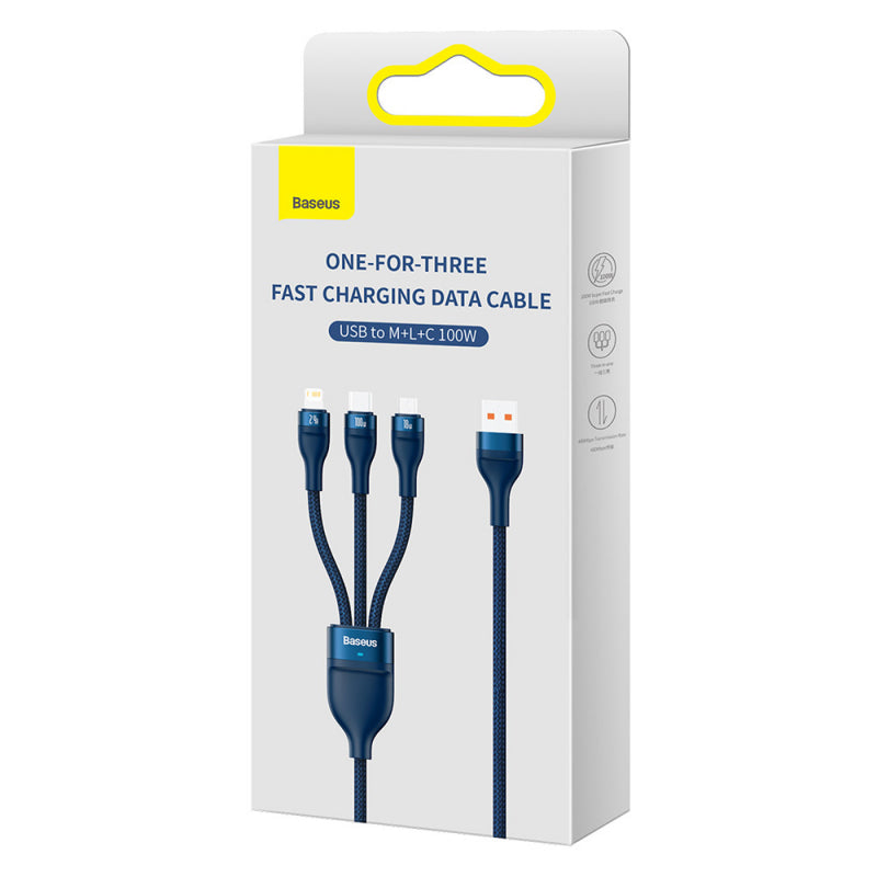 Cablu Incarcare USB-A - Lightning / microUSB / USB-C Baseus Flash Series II 3in1, 100W, 1.2m, Albastru CASS030003