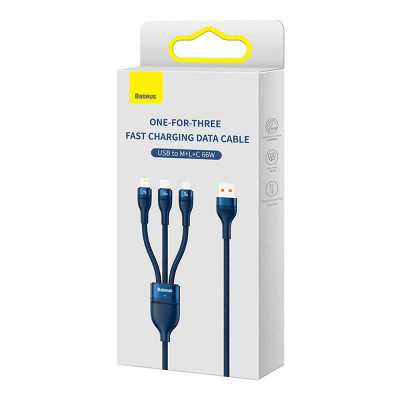 Cablu Incarcare USB-A - Lightning / microUSB / USB-C Baseus Flash Series II 3in1, 66W, 1.2m, Albastru CASS040003