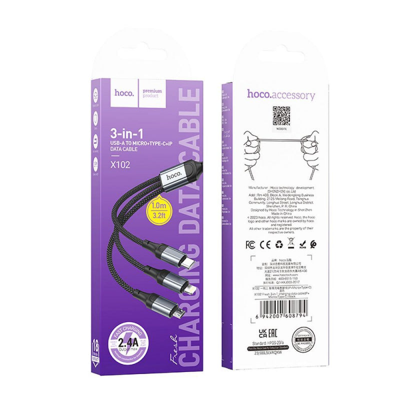 Cablu Incarcare USB-A - Lightning / microUSB / USB-C HOCO X102, 18W, 1m