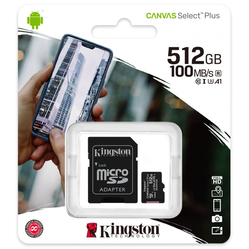 Card Memorie microSDXC Kingston Canvas Select Plus, 512Gb, Clasa 10 / UHS-1 U3, Cu Adaptor SDCS2/512GB