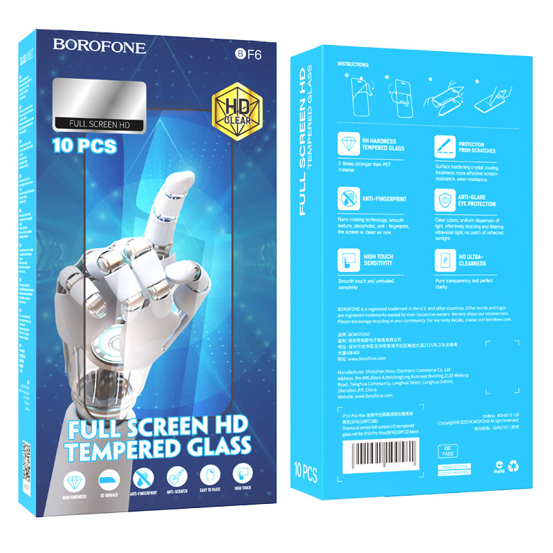 Folie de protectie Ecran Borofone BF6 Diamond Armor pentru Apple iPhone 14 Pro, Sticla Securizata, Full Glue, Set 10 bucati