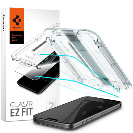 Folie de protectie Ecran Spigen EZ FIT pentru Apple iPhone 15 Pro Max, Sticla Securizata, Full Glue, Set 2 bucati