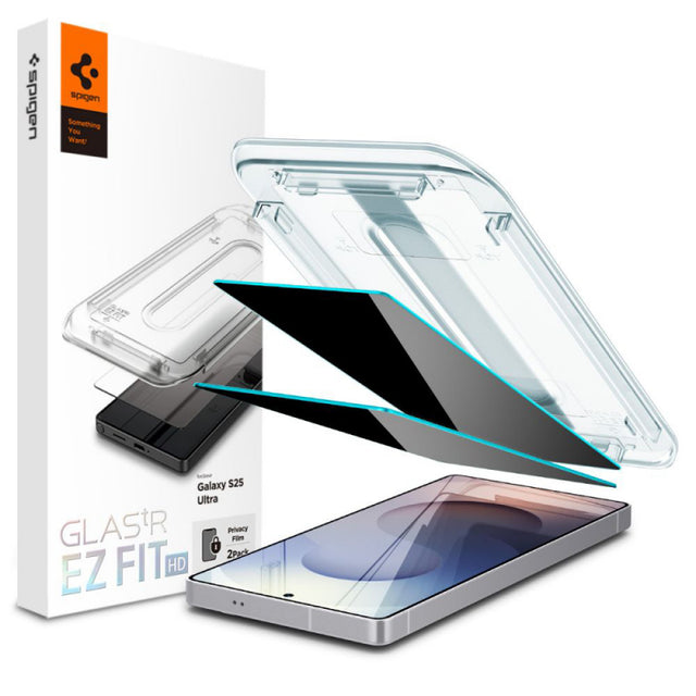 Folie de protectie Ecran Privacy Spigen EZ FIT pentru Samsung Galaxy S25 Ultra S938, Sticla Securizata, Full Glue, Set 2 bucati