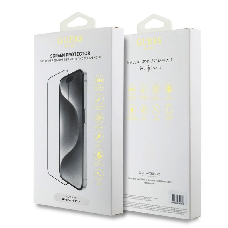 Folie de protectie Ecran Guess Classic Outline pentru Apple iPhone 16 Pro Max, Sticla securizata, Full Glue, 2.5D, Neagra GUTGP1