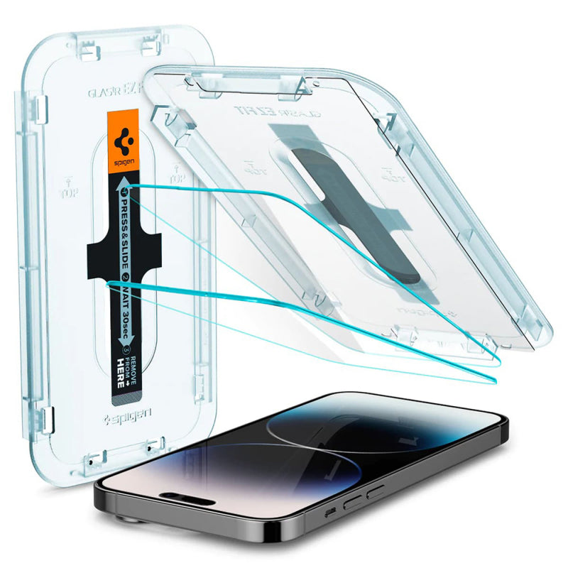 Folie de protectie Ecran Spigen GlastR EZ FIT pentru Apple iPhone 14 Pro, Sticla securizata, Full Glue, Set 2 bucati