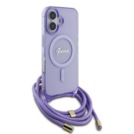 Husa MagSafe pentru Apple iPhone 16, Guess, IML Crossbody Cord Script - Mov - NotebookGsm