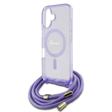 Husa MagSafe pentru Apple iPhone 16, Guess, IML Crossbody Cord Script - Mov - NotebookGsm