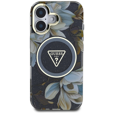 Husa MagSafe pentru Apple iPhone 16, Guess, IML Metal Glitter Flowers Triangl - Neagra - NotebookGsm