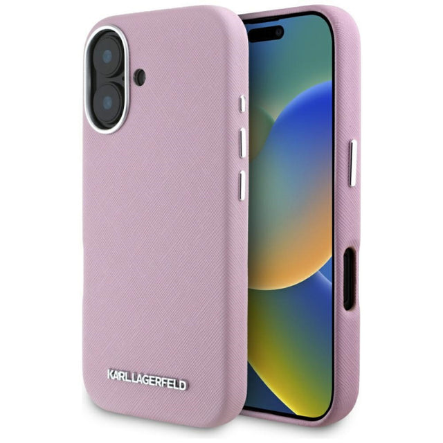 Husa MagSafe pentru Apple iPhone 16, Karl Lagerfeld, Saffiano Full Wrapped Elongated Metal Log