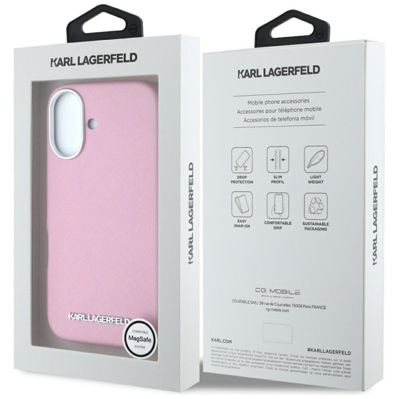 Husa MagSafe pentru Apple iPhone 16, Karl Lagerfeld, Saffiano Full Wrapped Elongated Metal Log
