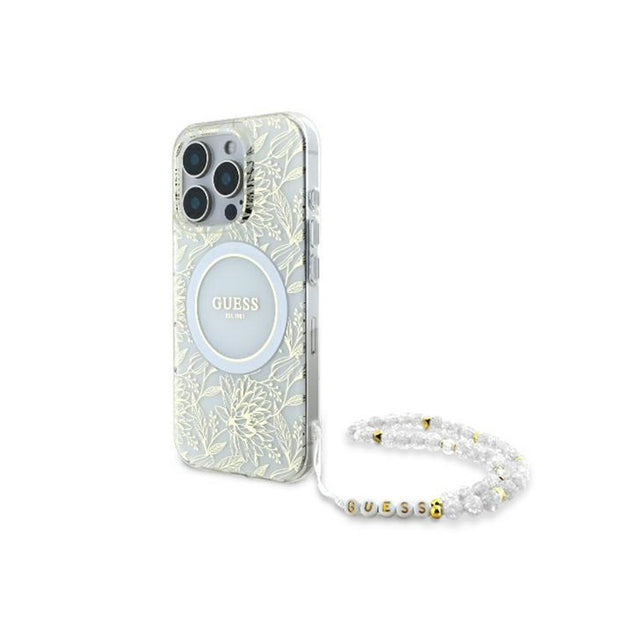 Husa MagSafe pentru Apple iPhone 16 Pro, Guess, IML Flowers Allover Electroplated with Pearl Strap