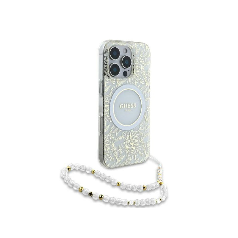Husa MagSafe pentru Apple iPhone 16 Pro, Guess, IML Flowers Allover Electroplated with Pearl Strap