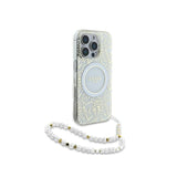 Husa MagSafe pentru Apple iPhone 16 Pro, Guess, IML Flowers Allover Electroplated with Pearl Strap