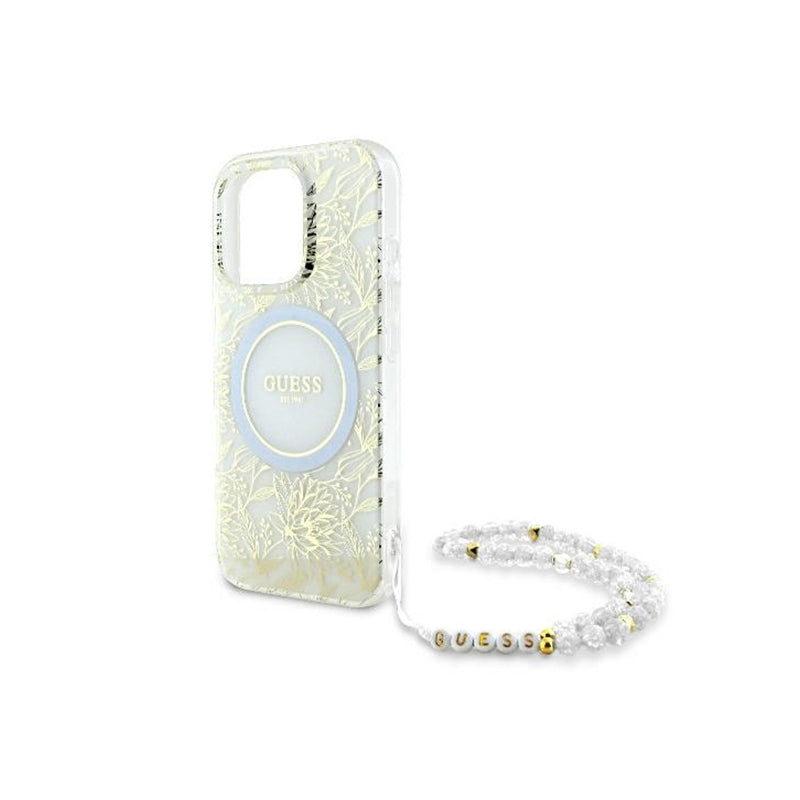 Husa MagSafe pentru Apple iPhone 16 Pro, Guess, IML Flowers Allover Electroplated with Pearl Strap