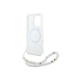 Husa MagSafe pentru Apple iPhone 16 Pro, Guess, IML Flowers Allover Electroplated with Pearl Strap