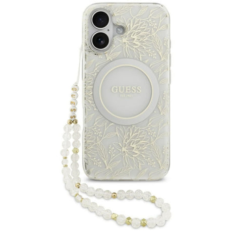 Husa MagSafe pentru Apple iPhone 17, Guess, IML Flowers with Pearl Strap