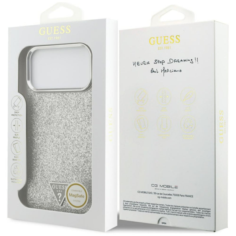 Husa MagSafe pentru Apple iPhone 17 Pro, Guess, Glitter Triangle Logo