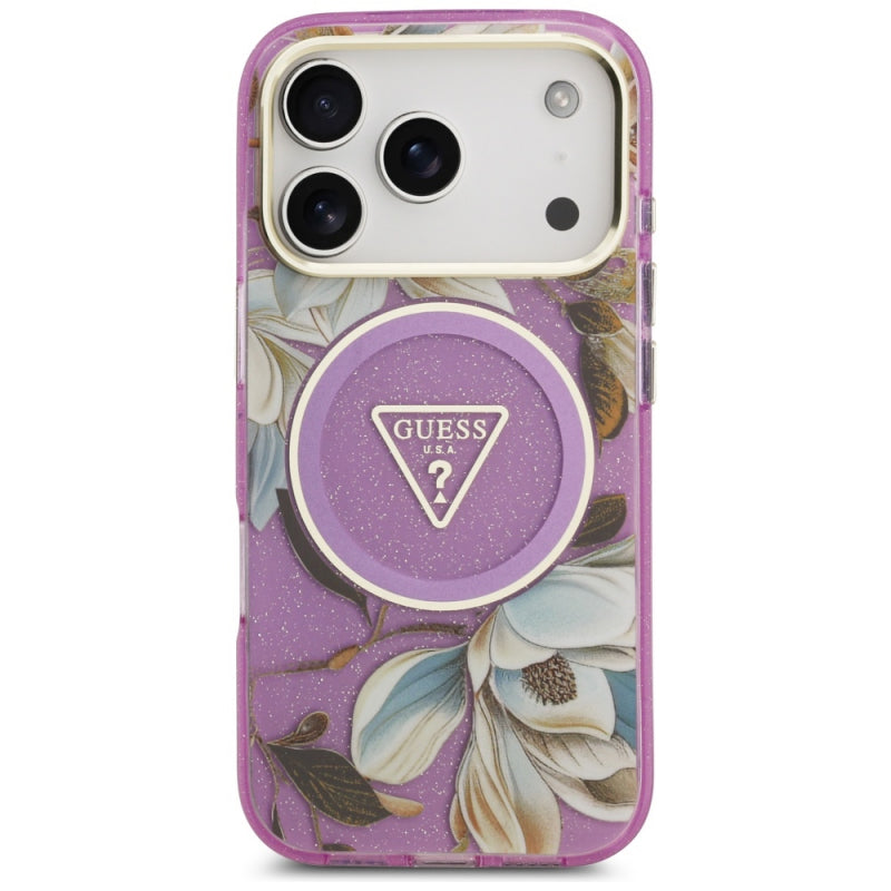 Husa MagSafe pentru Apple iPhone 17 Pro, Guess, IML Metal Glitter Flowers Triangle
