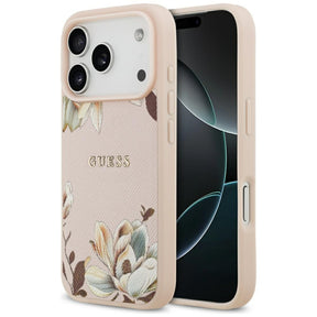 Husa MagSafe pentru Apple iPhone 17 Pro Max, Guess, Grained Flowers - Roz - NotebookGsm