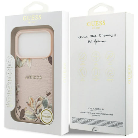 Husa MagSafe pentru Apple iPhone 17 Pro Max, Guess, Grained Flowers - Roz - NotebookGsm