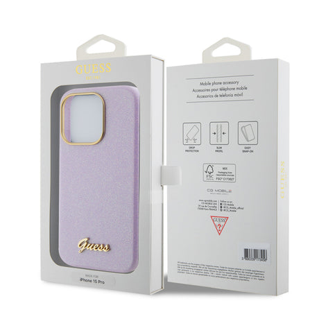 Husa pentru Apple iPhone 15 Pro, Guess, Glitter Glossy Script - Mov Deschis - NotebookGsm