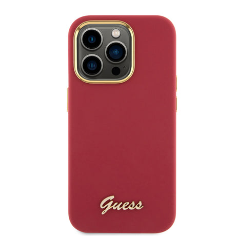 Husa pentru Apple iPhone 15 Pro, Guess, Script Metal Logo &amp; Fram - Rosie - NotebookGsm