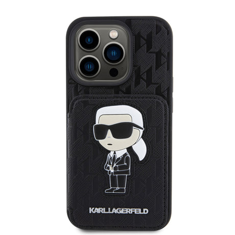 Husa pentru Apple iPhone 15 Pro, Karl Lagerfeld, Saffiano Cardslots and Stand Monogram Ikonik Karl - Neagra - NotebookGsm