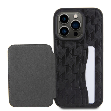 Husa pentru Apple iPhone 15 Pro, Karl Lagerfeld, Saffiano Cardslots and Stand Monogram Ikonik Karl - Neagra - NotebookGsm