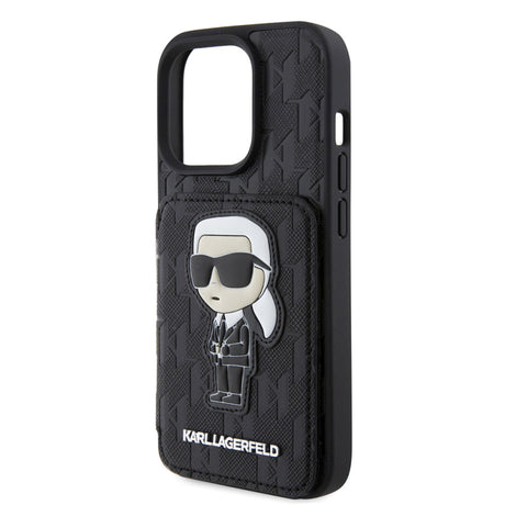 Husa pentru Apple iPhone 15 Pro, Karl Lagerfeld, Saffiano Cardslots and Stand Monogram Ikonik Karl - Neagra - NotebookGsm