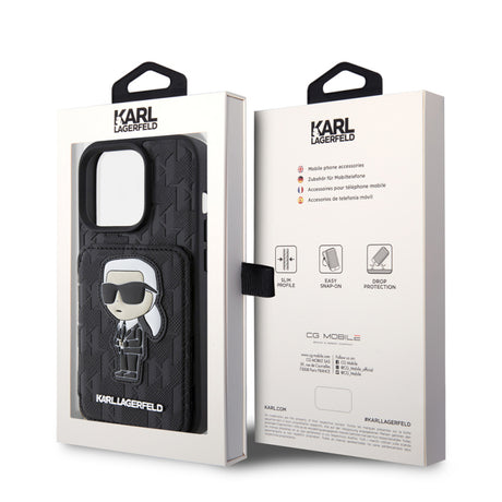 Husa pentru Apple iPhone 15 Pro, Karl Lagerfeld, Saffiano Cardslots and Stand Monogram Ikonik Karl - Neagra - NotebookGsm