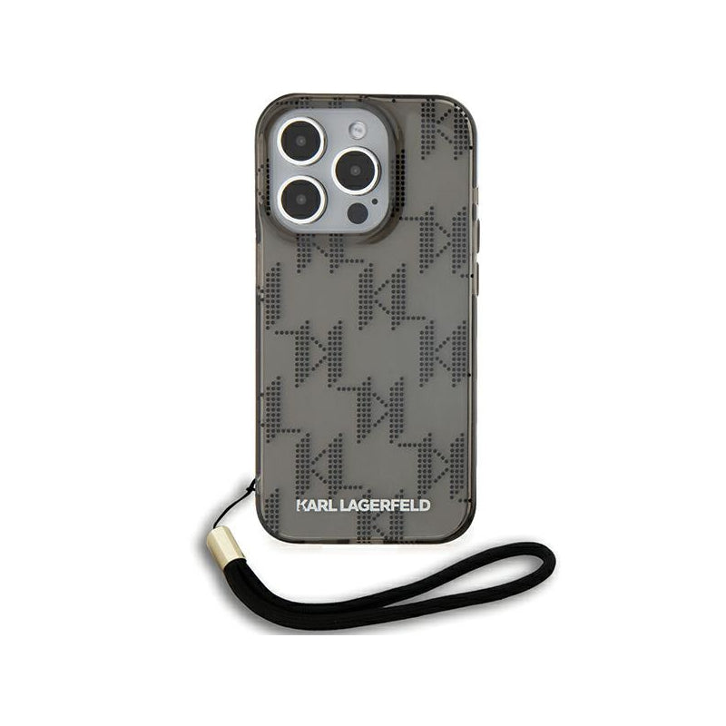 Husa pentru Apple iPhone 15 Pro Max, Karl Lagerfeld, IML Luxury Monogram KL Pattern with Strap - Neagra - NotebookGsm