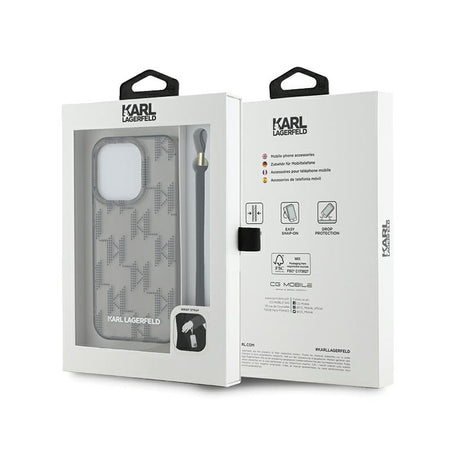 Husa pentru Apple iPhone 15 Pro Max, Karl Lagerfeld, IML Luxury Monogram KL Pattern with Strap - Neagra - NotebookGsm