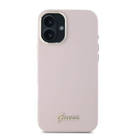 Husa pentru Apple iPhone 16, Guess, Script Metal Logo &amp; Frame - Roz - NotebookGsm