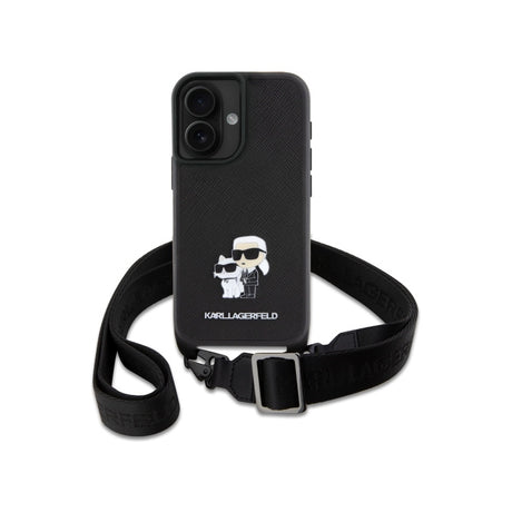 Husa pentru Apple iPhone 16, Karl Lagerfeld, Saffiano Crossbody Metal Pin Karl &amp; Choupette - Alba - NotebookGsm