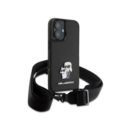 Husa pentru Apple iPhone 16, Karl Lagerfeld, Saffiano Crossbody Metal Pin Karl &amp; Choupette - Alba - NotebookGsm