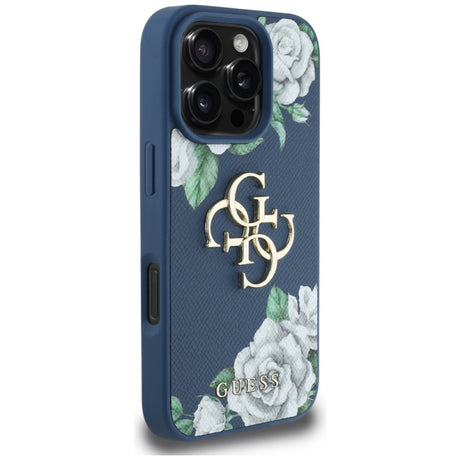 Husa pentru Apple iPhone 16 Pro, Guess, 4G Grained Roses Big Logo - Albastra - NotebookGsm