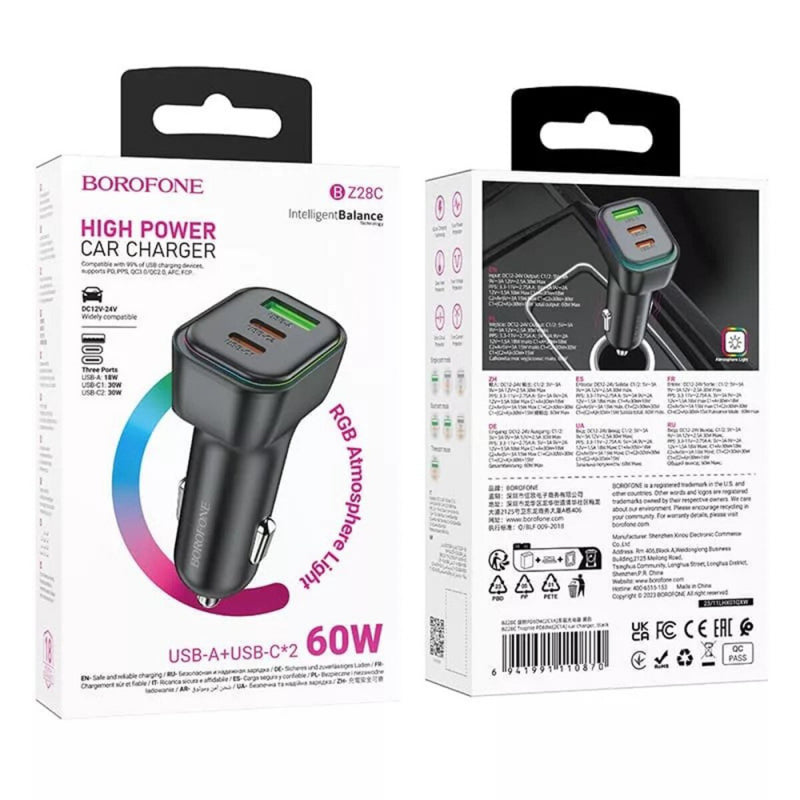 Incarcator Auto Borofone BZ28C Trophie, 60W, 3A, 1 x USB-A, 2 x USB-C
