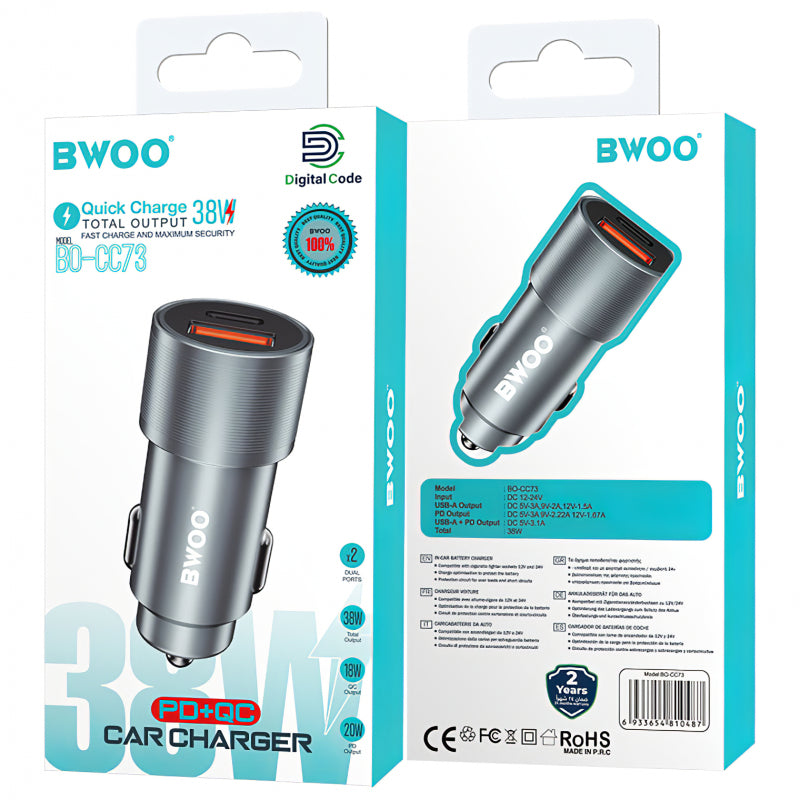 Incarcator Auto BWOO BO-CC73, 38W, 3A, 1 x USB-A - 1 x USB-C