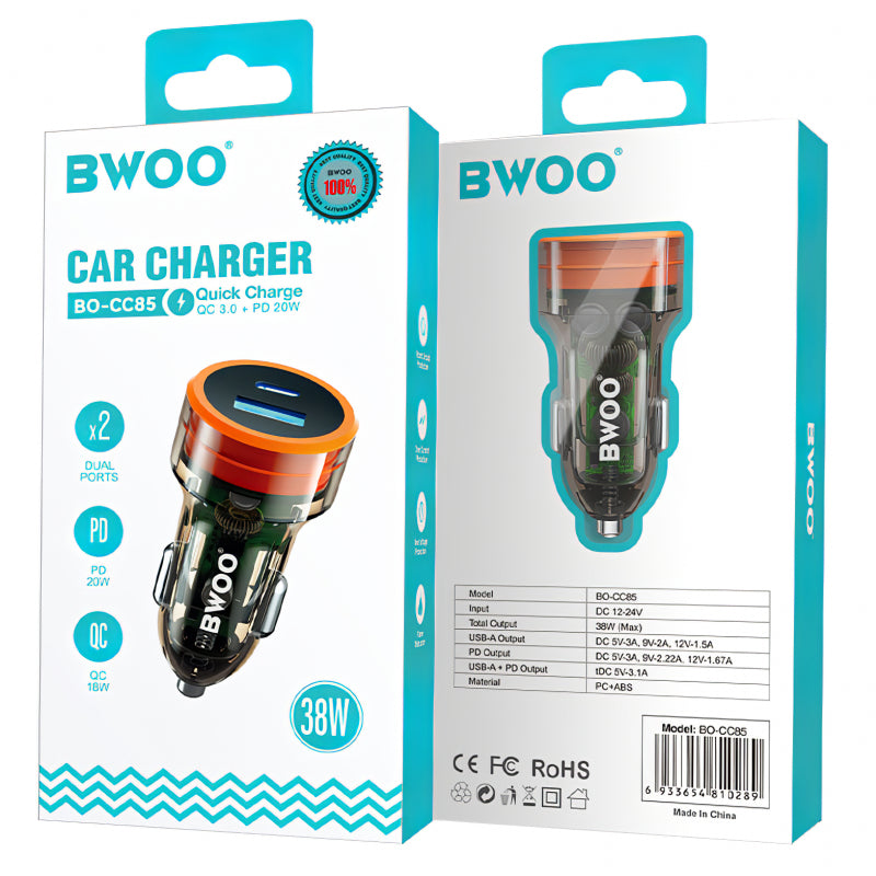 Incarcator Auto BWOO BO-CC85, 38W, 3A, 1 x USB-A - 1 x USB-C